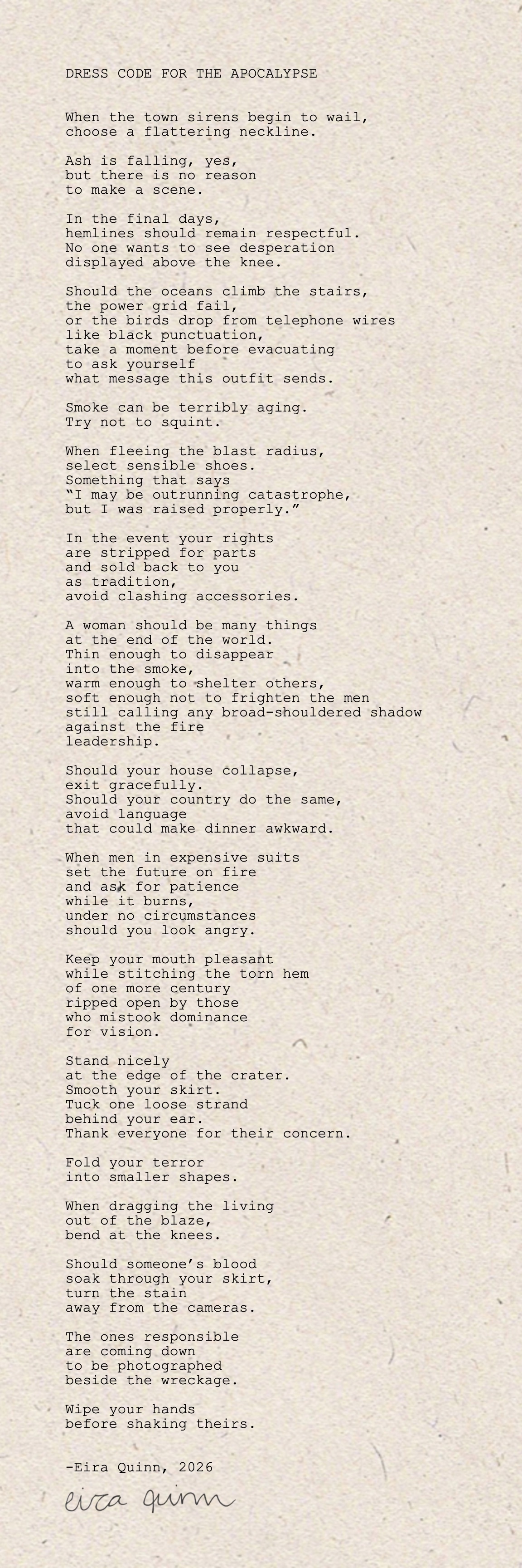 Mockup of "Dress Code for the Apocalypse" hand-typed on a custom 6 by 18 inch sheet of handmade paper